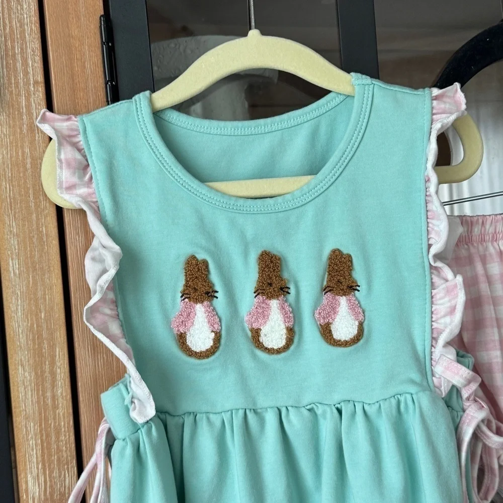 Bunnies French Knot set gingham bows peter rabbit Easter dress toddler shorts